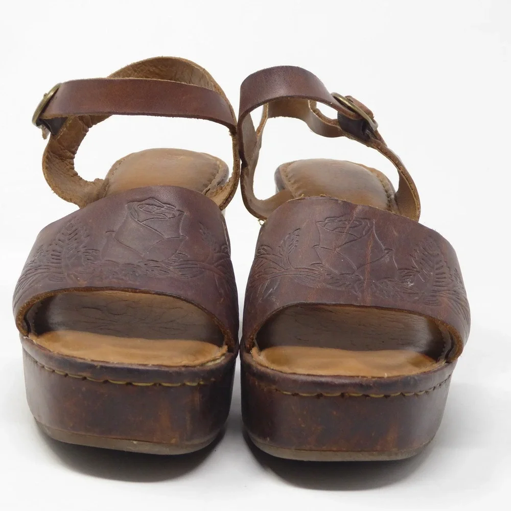 Born Moapa Women Wedge Sandals Brown Floral Tooled Leather Platform 9